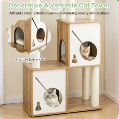 Tangkula Modern Cat Tree, 57 Inch Wood Cat Tower with Sisal Scratching Posts, Padded Top Perch