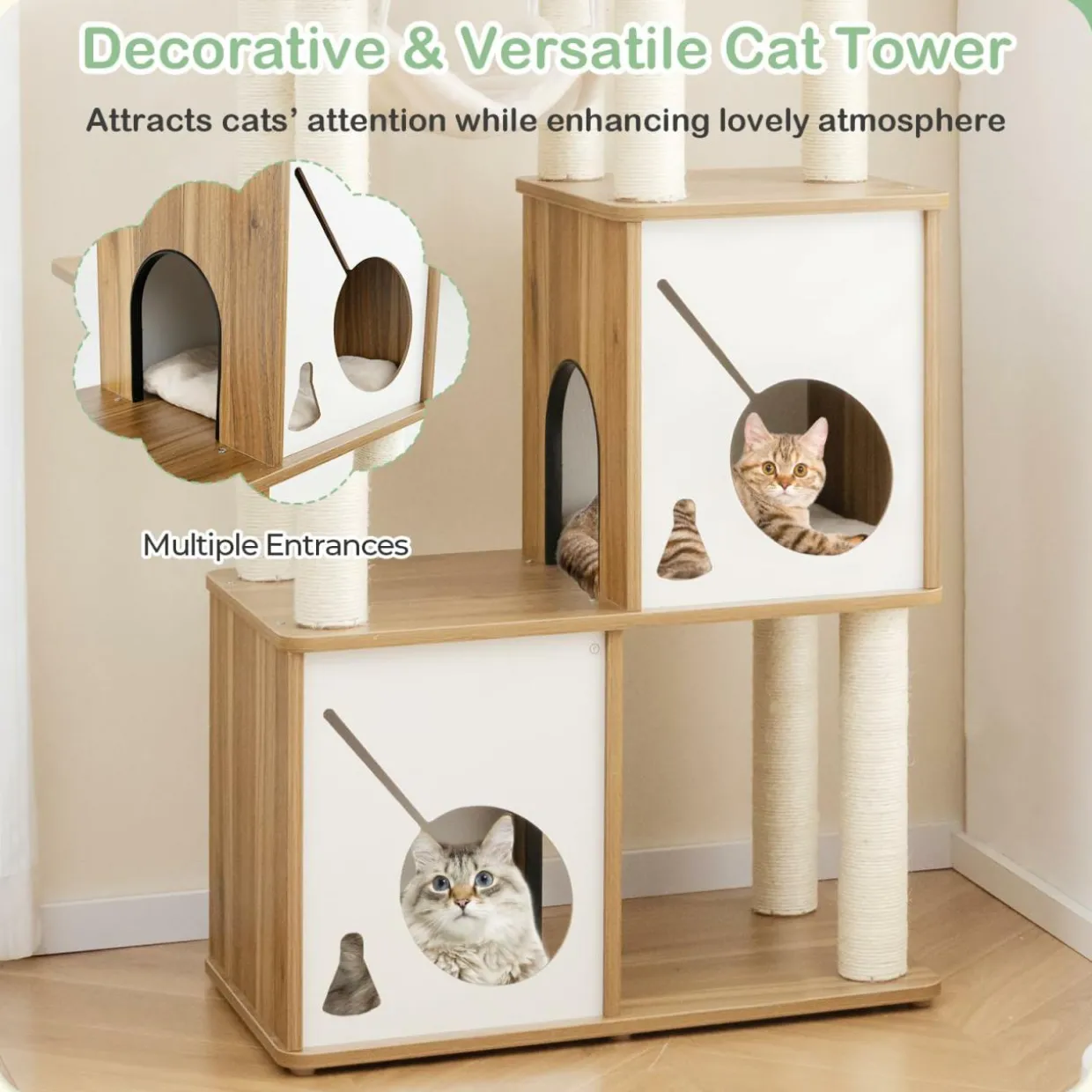 Tangkula Modern Cat Tree, 57 Inch Wood Cat Tower with Sisal Scratching Posts, Padded Top Perch