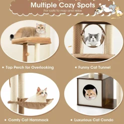 Tangkula Modern Cat Tree for Indoor Cats, 53 Inch Tall Cat Tree Tower with Hammock, Sisal Scratching Posts, Top Perch, Tunnel & Cat Condo