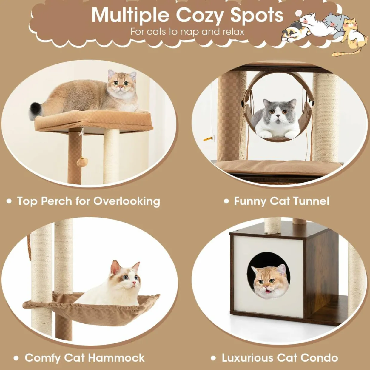 Tangkula Modern Cat Tree for Indoor Cats, 53 Inch Tall Cat Tree Tower with Hammock, Sisal Scratching Posts, Top Perch, Tunnel & Cat Condo