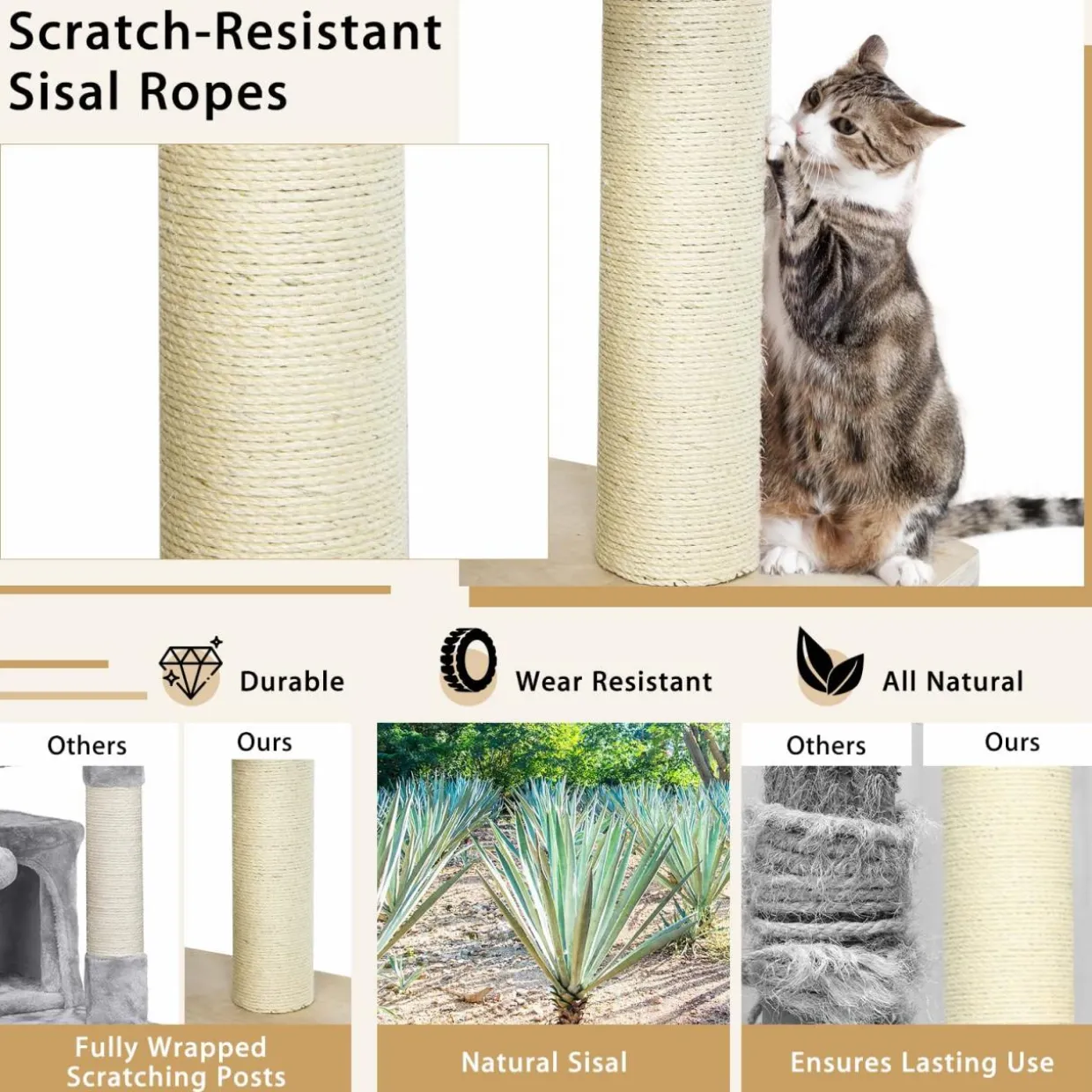 Tangkula Modern Cat Tree, Multi-Level Large Cat Tower with Sisal Scratching Posts, Hammocks, Hanging Basket