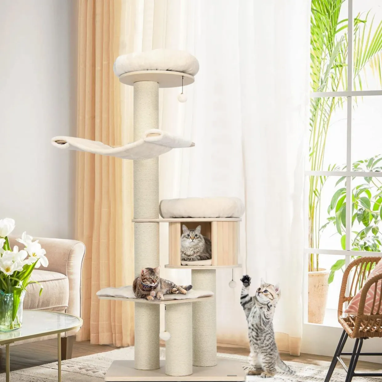 Tangkula Modern Cat Tree, Multi-Level Large Cat Tower w/Cat Condo, Hammocks & Hanging Basket