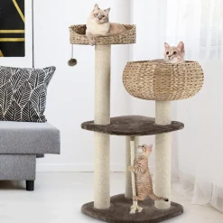 Tangkula Modern Cat Tree for Indoor Cats, 41 Inch Tall Cat Tree with Hand-Made Wicker Cat Condo & Top Perch for Large Cats