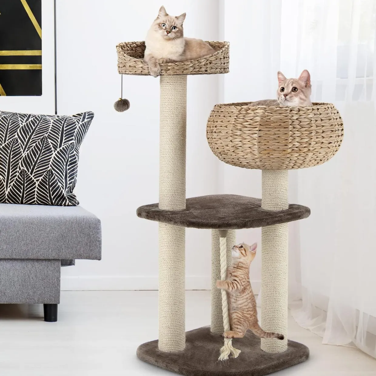 Tangkula Modern Cat Tree for Indoor Cats, 41 Inch Tall Cat Tree with Hand-Made Wicker Cat Condo & Top Perch for Large Cats