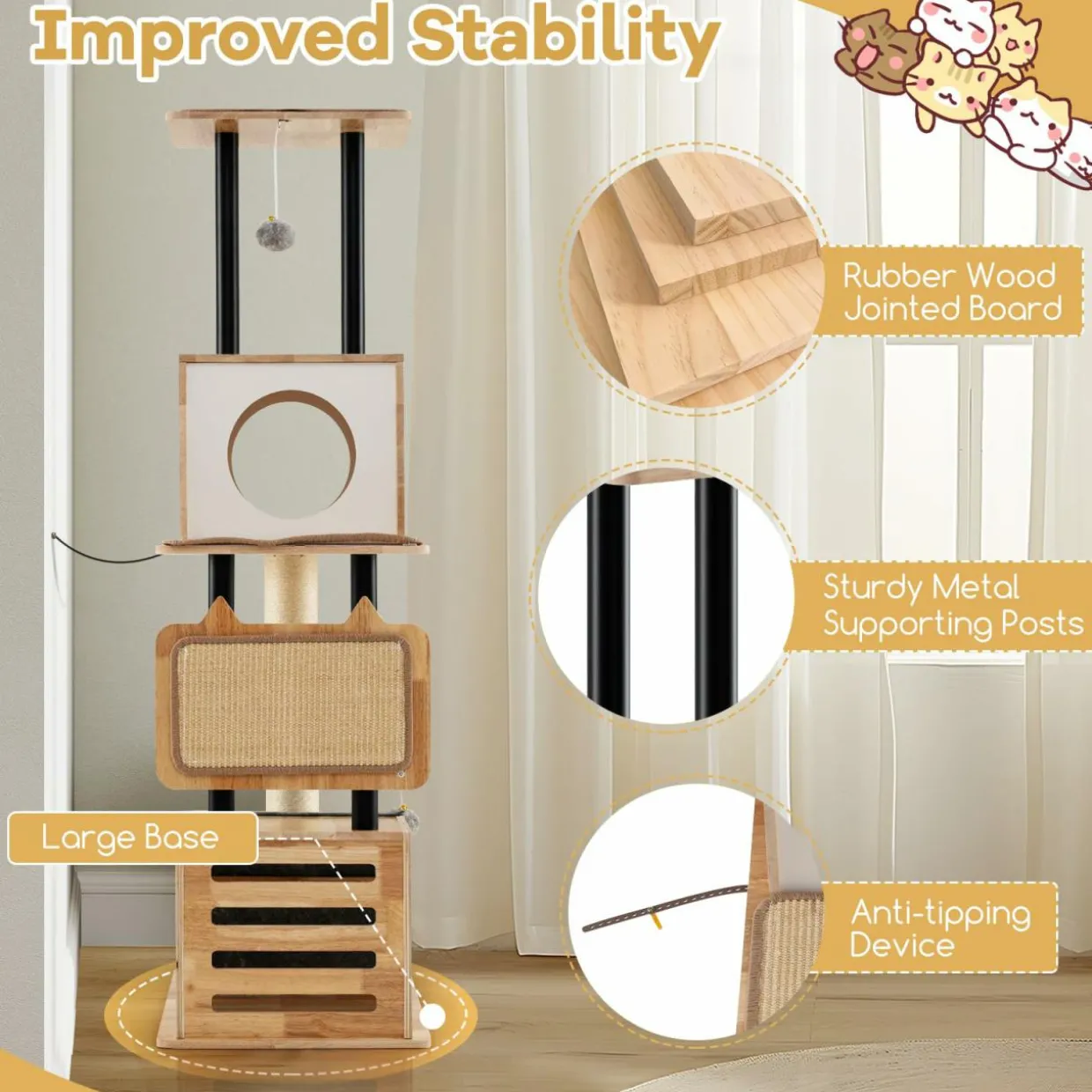 Tangkula Modern Cat Tree, Tall Multi-Level Cat Tower with Double Condos, Jumping Platforms