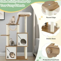 Tangkula Modern Cat Tree, 57 Inch Wood Cat Tower with Sisal Scratching Posts, Padded Top Perch