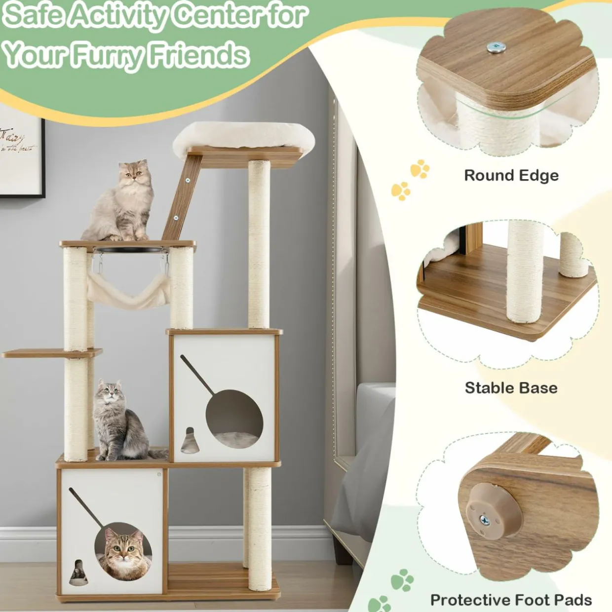 Tangkula Modern Cat Tree, 57 Inch Wood Cat Tower with Sisal Scratching Posts, Padded Top Perch