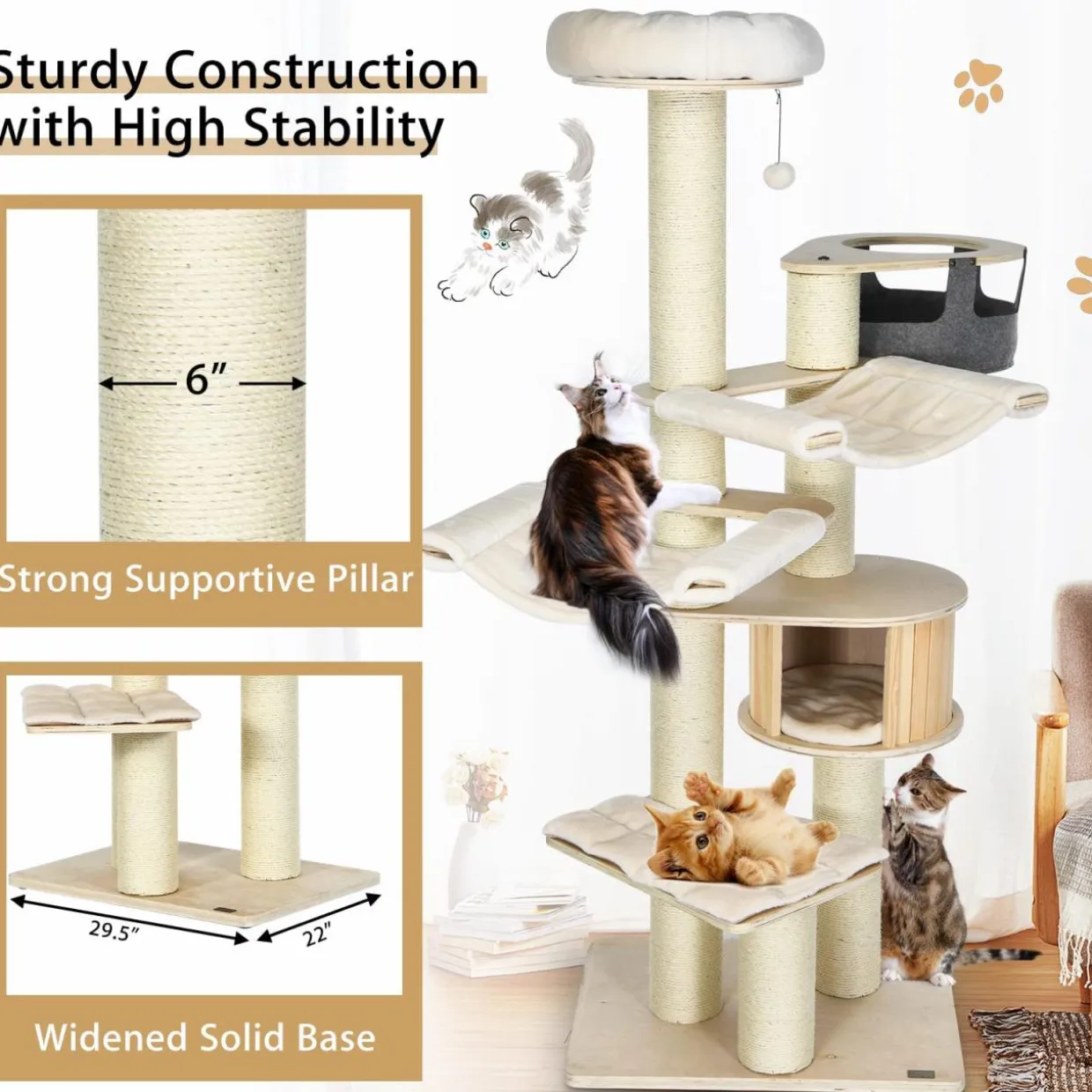 Tangkula Modern Cat Tree, Multi-Level Large Cat Tower with Sisal Scratching Posts, Hammocks, Hanging Basket