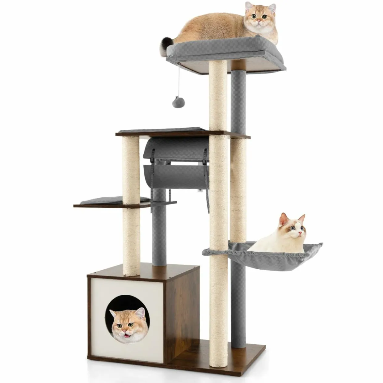 Tangkula Modern Cat Tree for Indoor Cats, 53 Inch Tall Cat Tree Tower with Hammock, Sisal Scratching Posts, Top Perch, Tunnel & Cat Condo