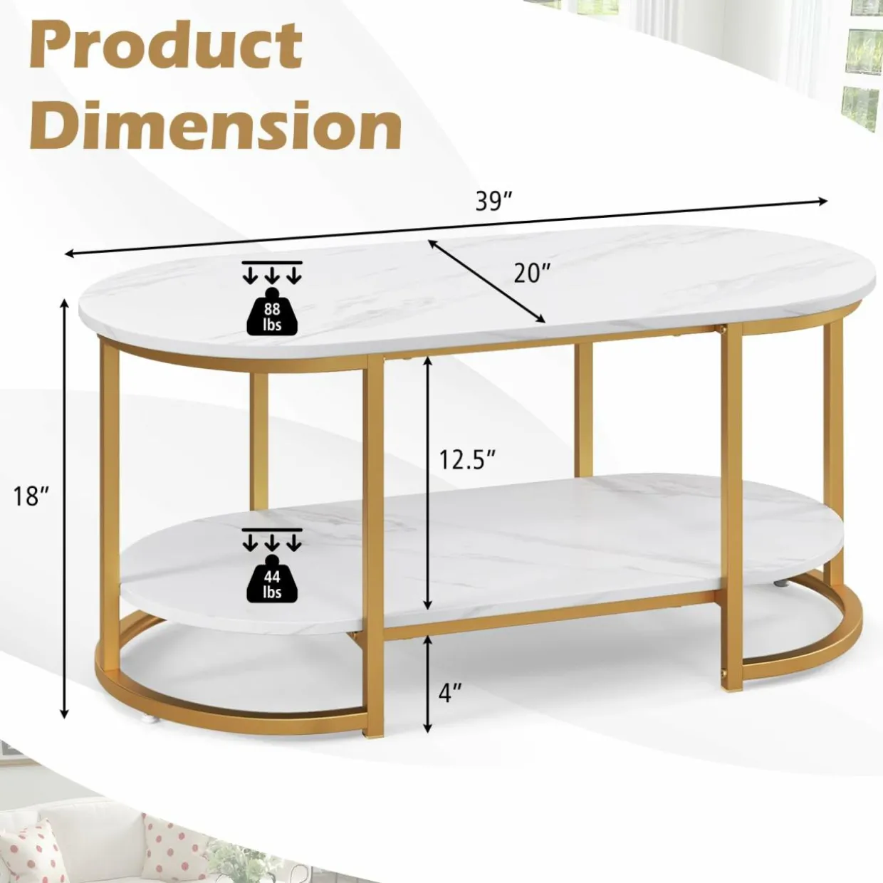 Tangkula Modern Coffee Table, 39” Oval Center Table w/White Faux Marble Top & Gold Finished Metal Frame (Modern, White, 39 Inch)