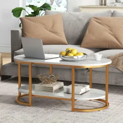 Tangkula Modern Coffee Table, 39” Oval Center Table w/White Faux Marble Top & Gold Finished Metal Frame (Modern, White, 39 Inch)