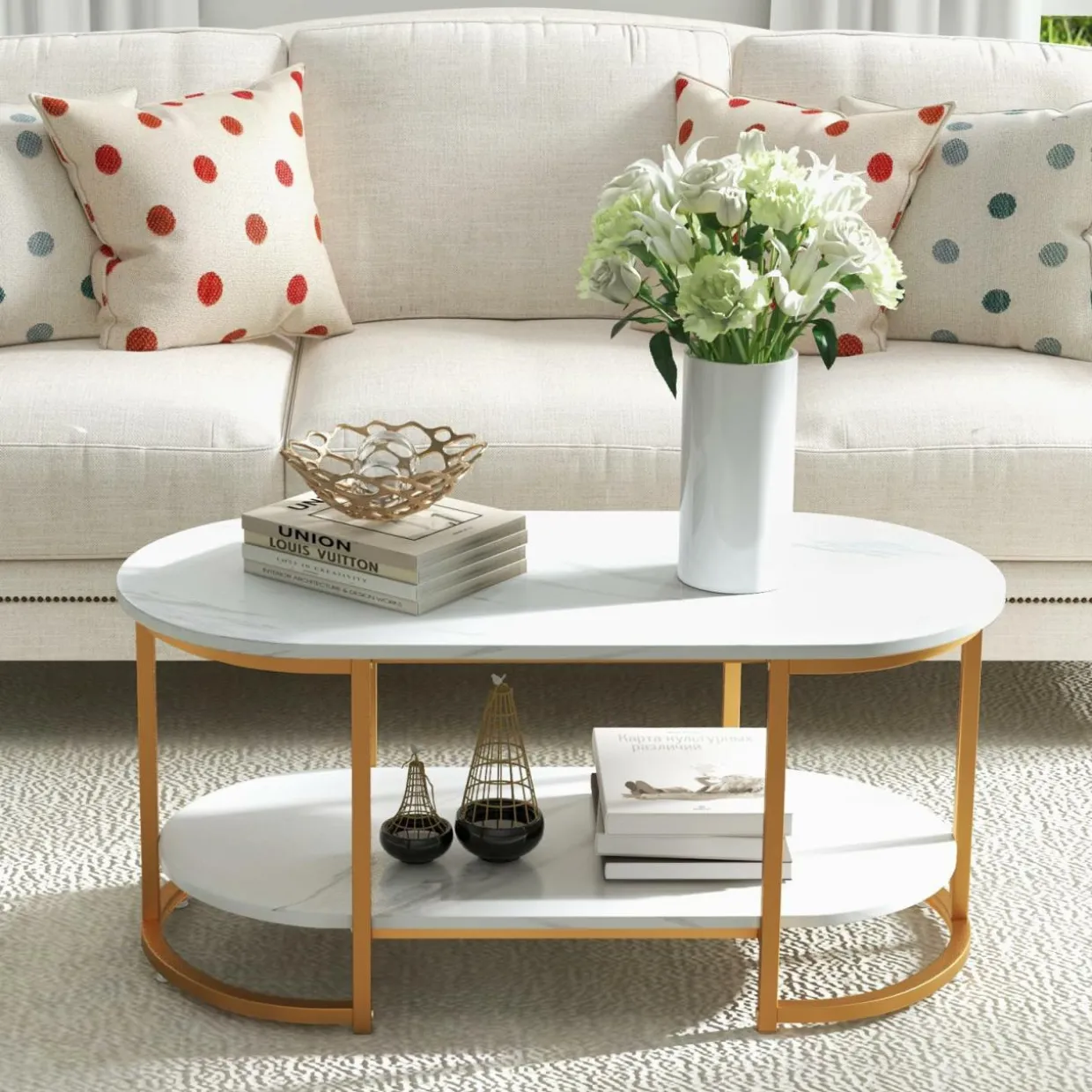 Tangkula Modern Coffee Table, 39” Oval Center Table w/White Faux Marble Top & Gold Finished Metal Frame (Modern, White, 39 Inch)