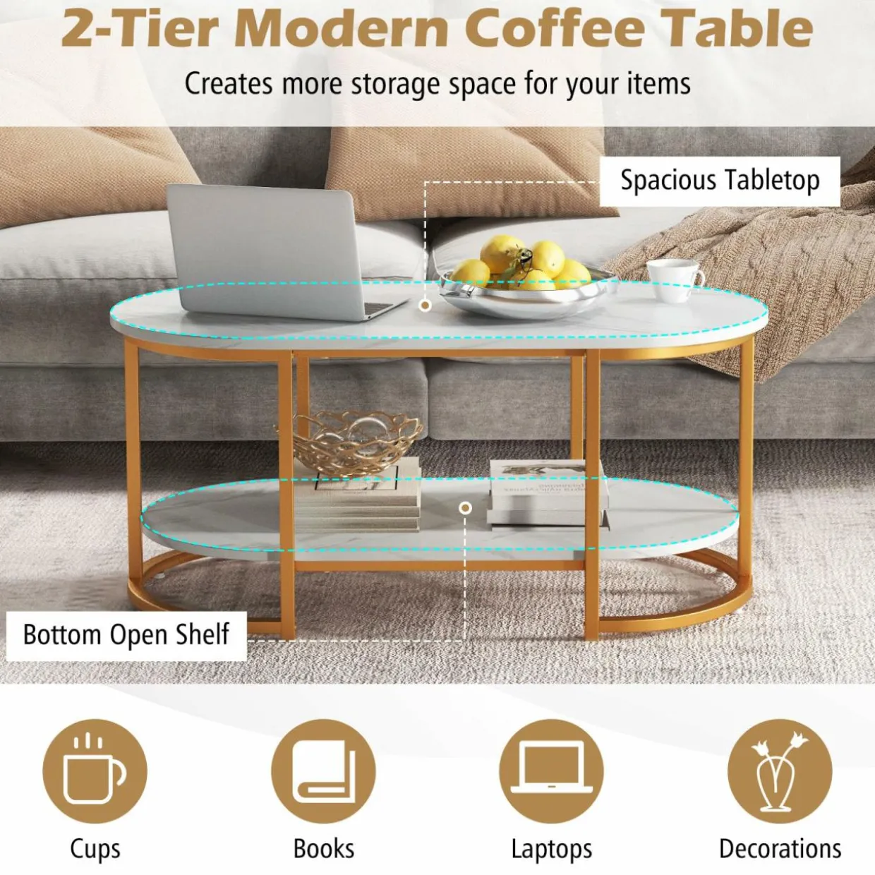 Tangkula Modern Coffee Table, 39” Oval Center Table w/White Faux Marble Top & Gold Finished Metal Frame (Modern, White, 39 Inch)