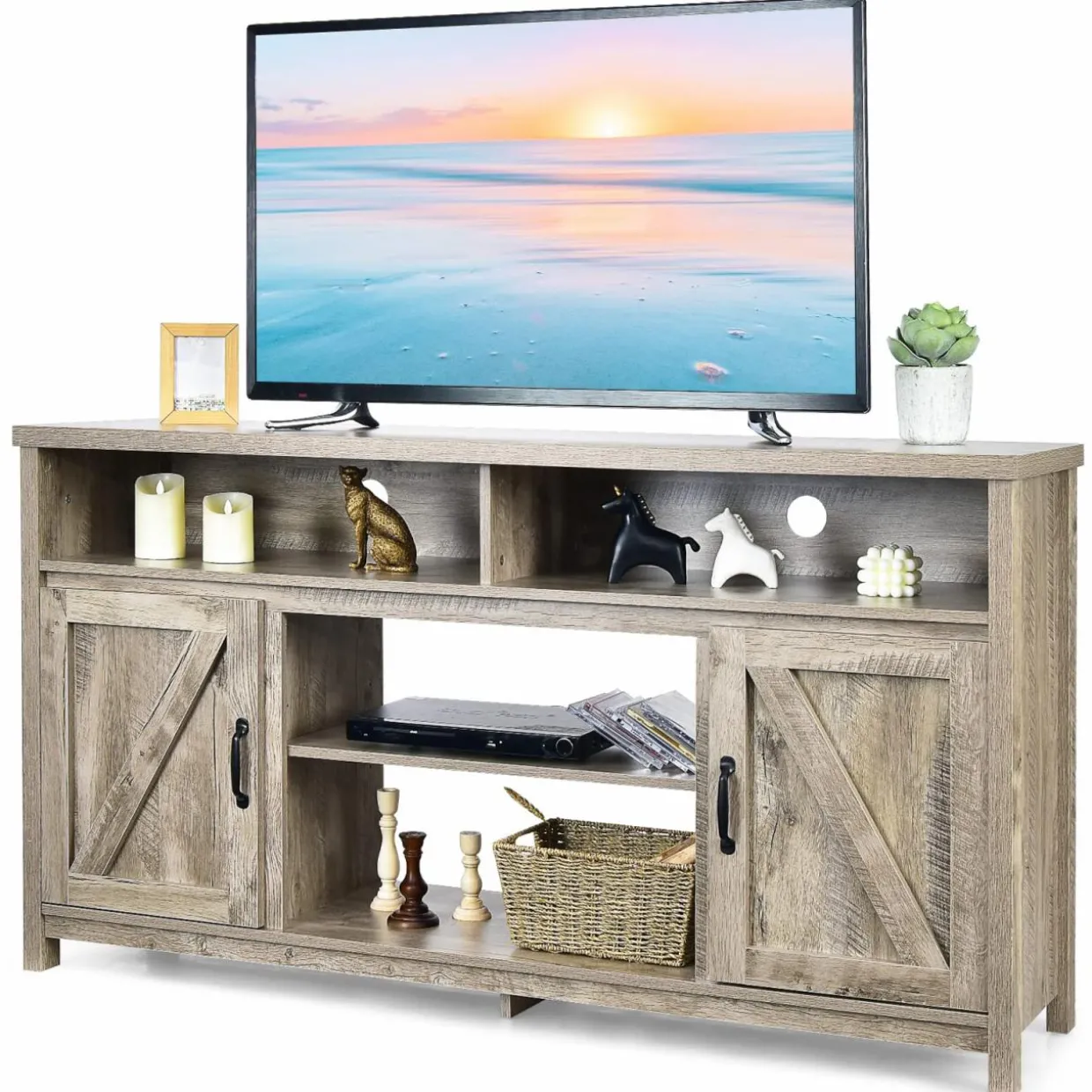 Tangkula Modern Farmhouse TV Stand with Double Barn Doors
