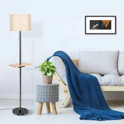 Tangkula Modern Floor Lamp with Tray Table, Indoor 3-in-1 Floor Lamp with Linen Fabric Shade & Rubber Wood Tray Table