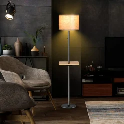 Tangkula Modern Floor Lamp with Tray Table, Indoor 3-in-1 Floor Lamp with Linen Fabric Shade & Rubber Wood Tray Table