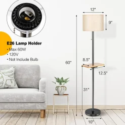 Tangkula Modern Floor Lamp with Tray Table, Indoor 3-in-1 Floor Lamp with Linen Fabric Shade & Rubber Wood Tray Table