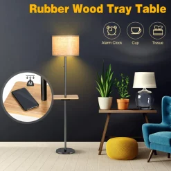 Tangkula Modern Floor Lamp with Tray Table, Indoor 3-in-1 Floor Lamp with Linen Fabric Shade & Rubber Wood Tray Table