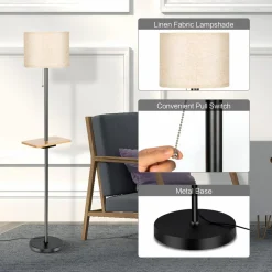 Tangkula Modern Floor Lamp with Tray Table, Indoor 3-in-1 Floor Lamp with Linen Fabric Shade & Rubber Wood Tray Table