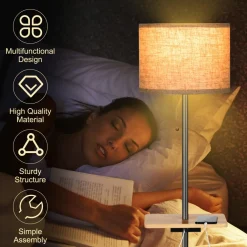 Tangkula Modern Floor Lamp with Tray Table, Indoor 3-in-1 Floor Lamp with Linen Fabric Shade & Rubber Wood Tray Table