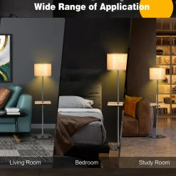 Tangkula Modern Floor Lamp with Tray Table, Indoor 3-in-1 Floor Lamp with Linen Fabric Shade & Rubber Wood Tray Table