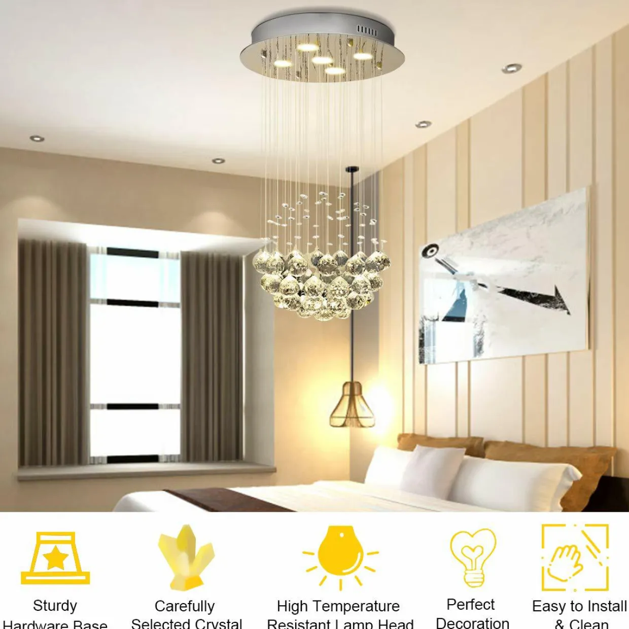 Tangkula Modern K9 Crystal Raindrop Chandelier, Flush Mount LED Ceiling Light Fixture for Living Room, 31.5 x 15.5 inches