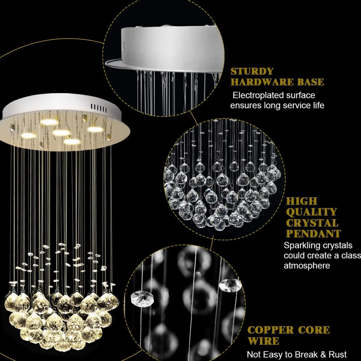 Tangkula Modern K9 Crystal Raindrop Chandelier, Flush Mount LED Ceiling Light Fixture for Living Room, 31.5 x 15.5 inches