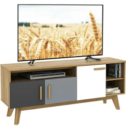 Tangkula Modern TV Stand, Wood TV Console Table for TVs up to 65 Inch, Entertainment Center with 3 Storage Cabinets (Natural)