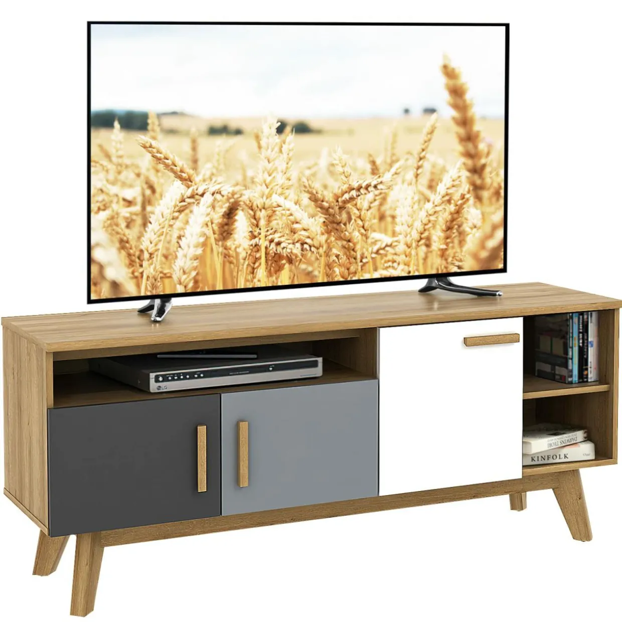 Tangkula Modern TV Stand, Wood TV Console Table for TVs up to 65 Inch, Entertainment Center with 3 Storage Cabinets (Natural)