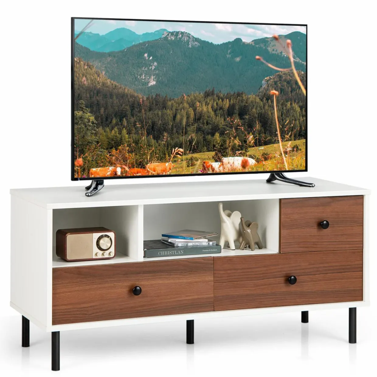 Tangkula Modern TV Stand for 50-inch TVs, Multifunctional Flat Screen Console Table with 2 Cubbies & 3 Large Drawers