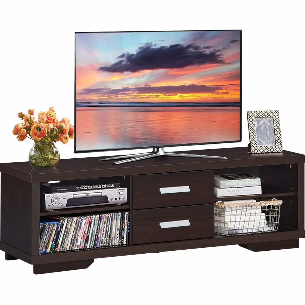 Tangkula Modern TV Stand, Wood Universal Stand for TV's up to 65" Flat Screen(Brown)