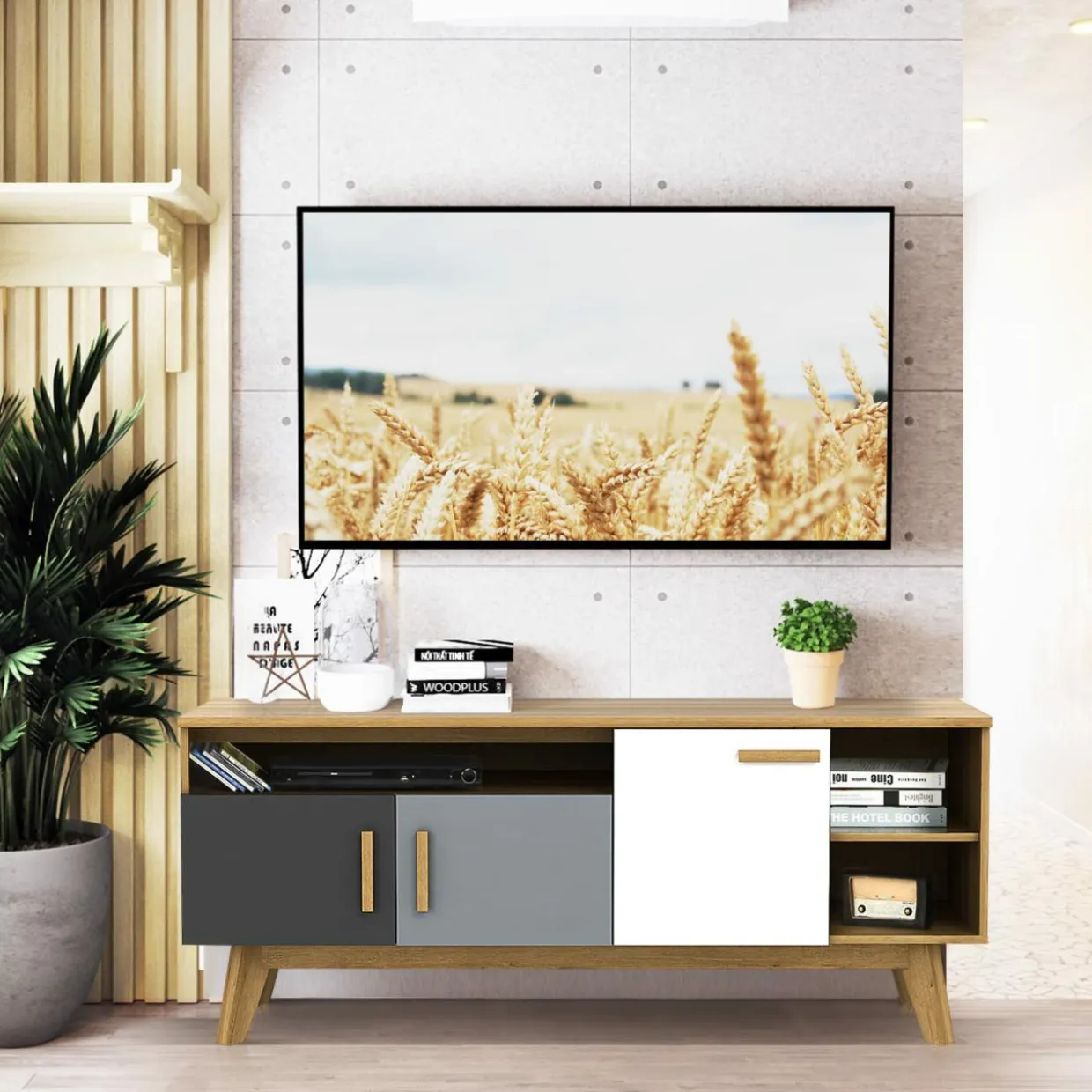 Tangkula Modern TV Stand, Wood TV Console Table for TVs up to 65 Inch, Entertainment Center with 3 Storage Cabinets (Natural)