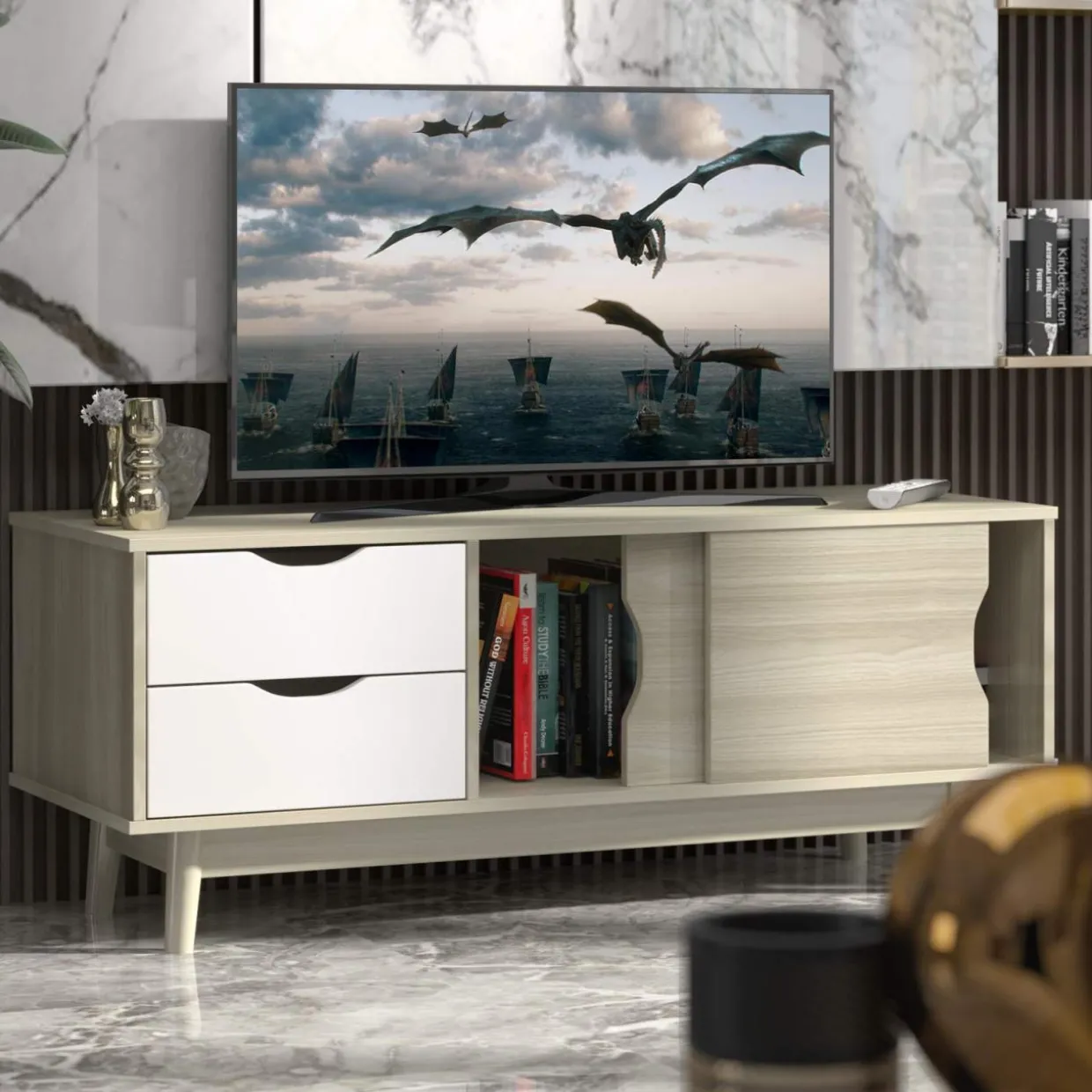 Tangkula Modern TV Stand for Flat TVs Up to 60 Inches, Wood TV Console Table w/ 2 Drawers & 2 Sliding Doors