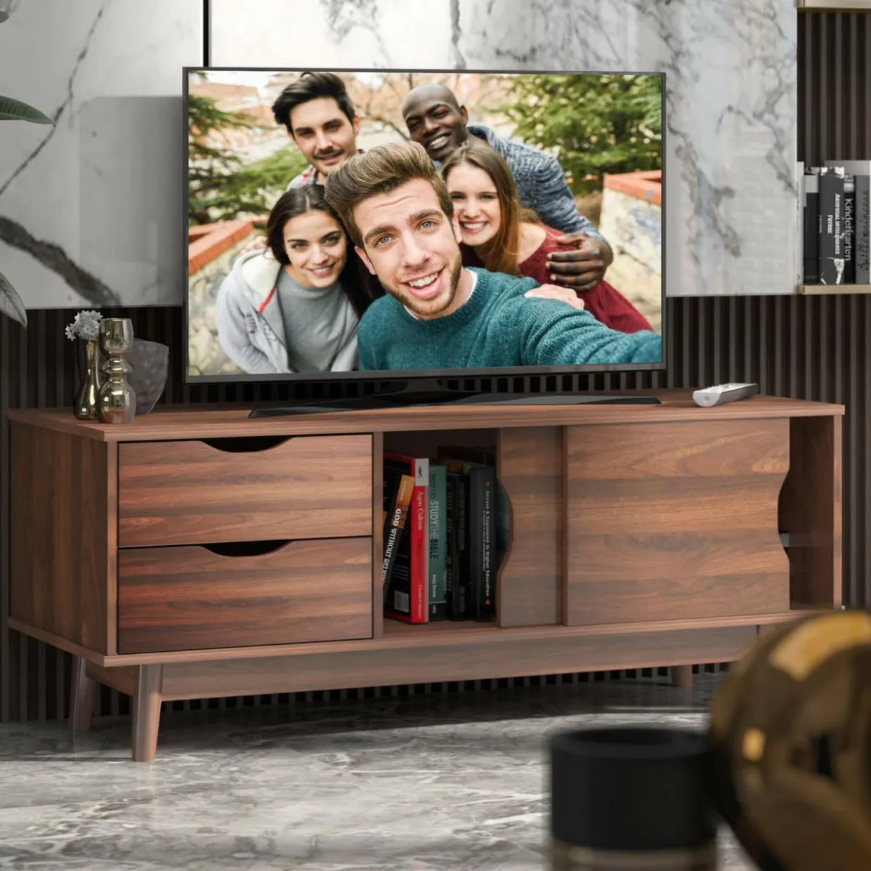 Tangkula Modern TV Stand for Flat TVs Up to 60 Inches, Wood TV Console Table w/ 2 Drawers & 2 Sliding Doors