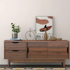 Tangkula Modern TV Stand for Flat TVs Up to 60 Inches, Wood TV Console Table w/ 2 Drawers & 2 Sliding Doors