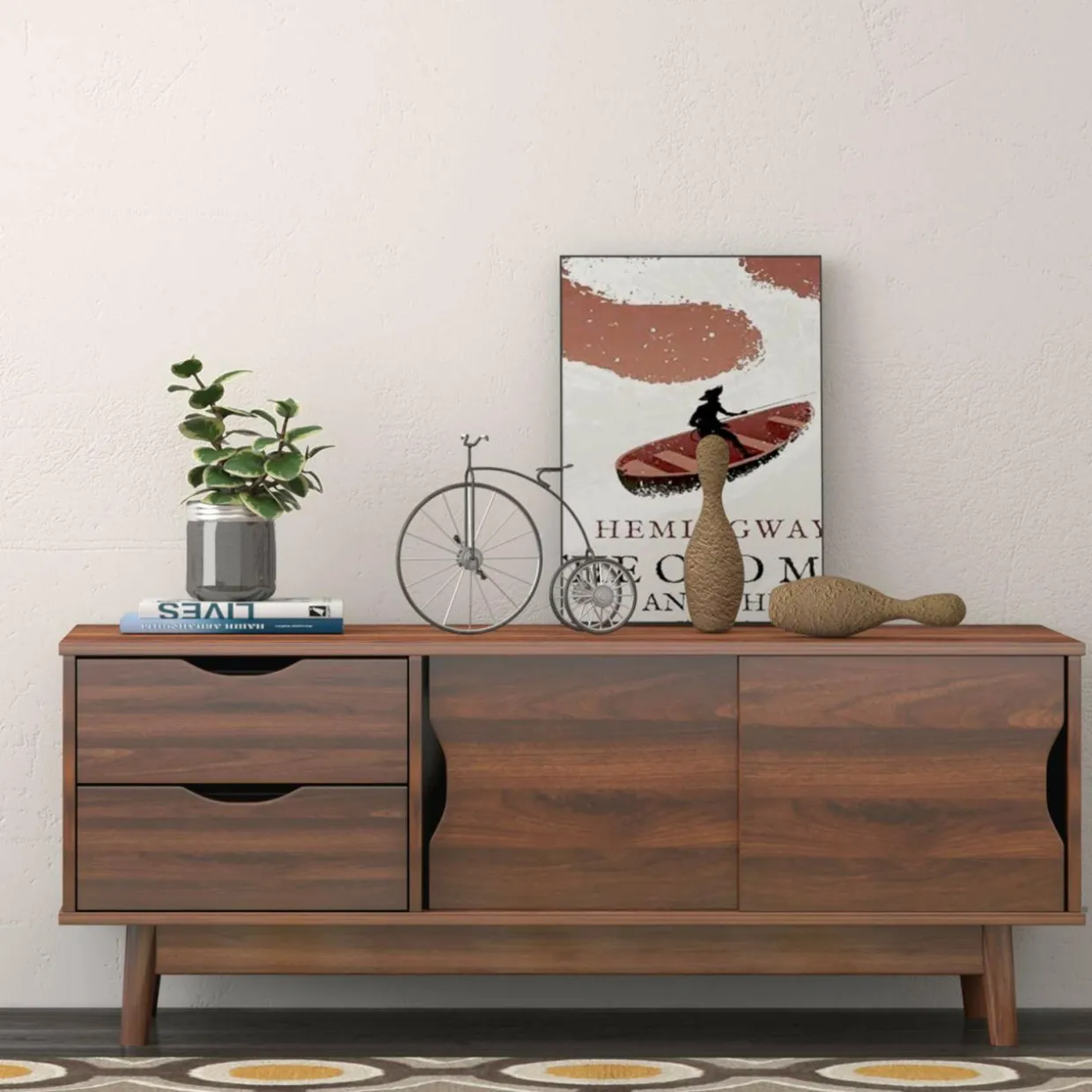 Tangkula Modern TV Stand for Flat TVs Up to 60 Inches, Wood TV Console Table w/ 2 Drawers & 2 Sliding Doors