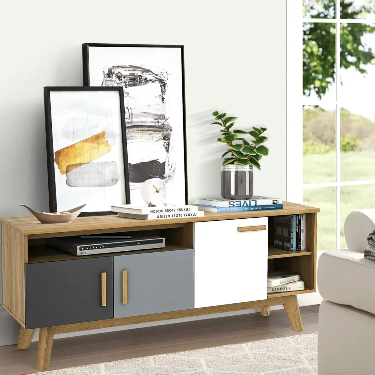 Tangkula Modern TV Stand, Wood TV Console Table for TVs up to 65 Inch, Entertainment Center with 3 Storage Cabinets (Natural)