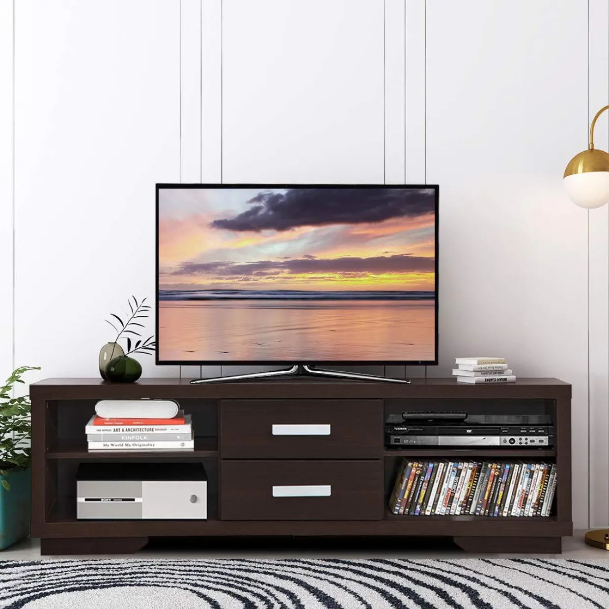 Tangkula Modern TV Stand, Wood Universal Stand for TV's up to 65" Flat Screen(Brown)
