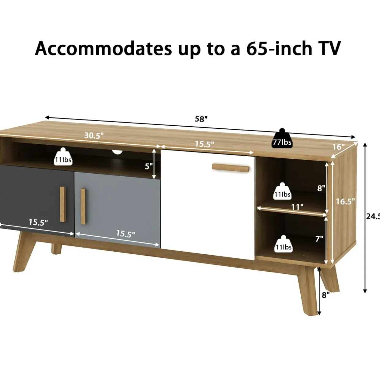 Tangkula Modern TV Stand, Wood TV Console Table for TVs up to 65 Inch, Entertainment Center with 3 Storage Cabinets (Natural)