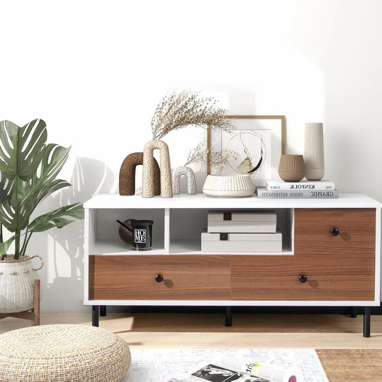 Tangkula Modern TV Stand for 50-inch TVs, Multifunctional Flat Screen Console Table with 2 Cubbies & 3 Large Drawers