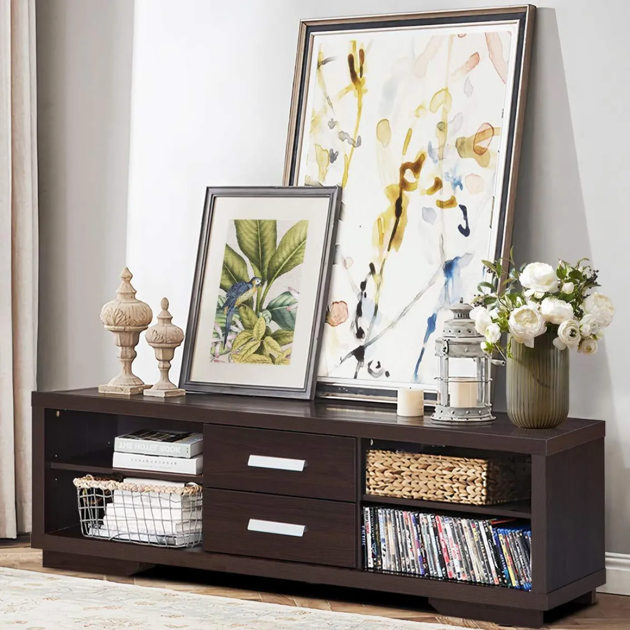 Tangkula Modern TV Stand, Wood Universal Stand for TV's up to 65" Flat Screen(Brown)