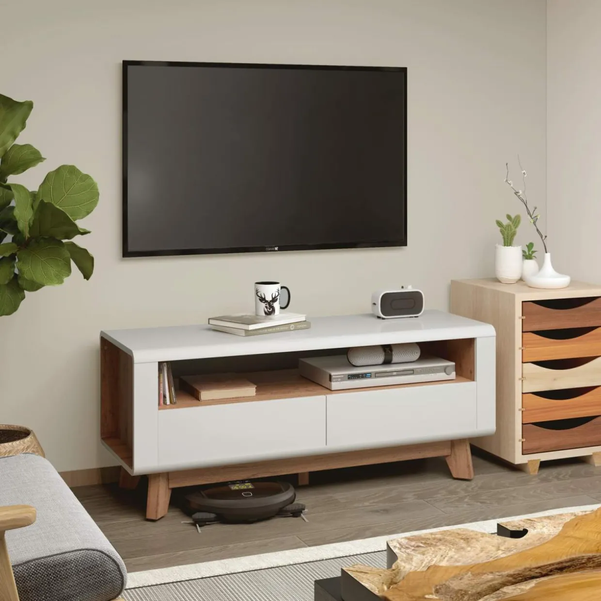 Tangkula Modern TV Stand with Drawers, Wood Entertainment Center for TVs up to 50 Inch