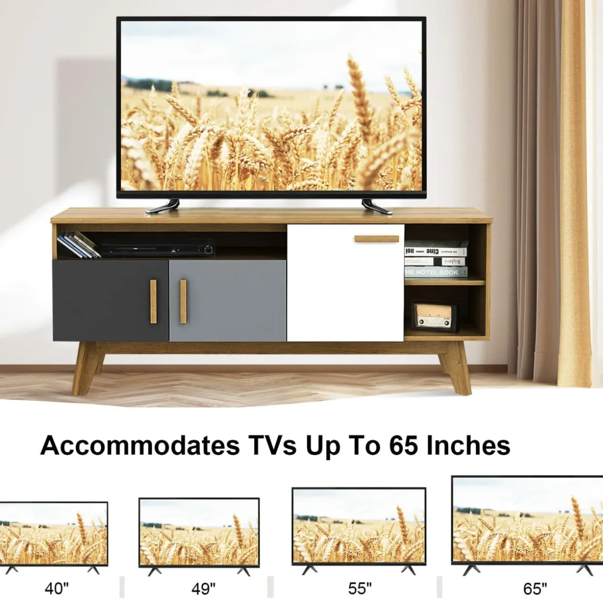 Tangkula Modern TV Stand, Wood TV Console Table for TVs up to 65 Inch, Entertainment Center with 3 Storage Cabinets (Natural)