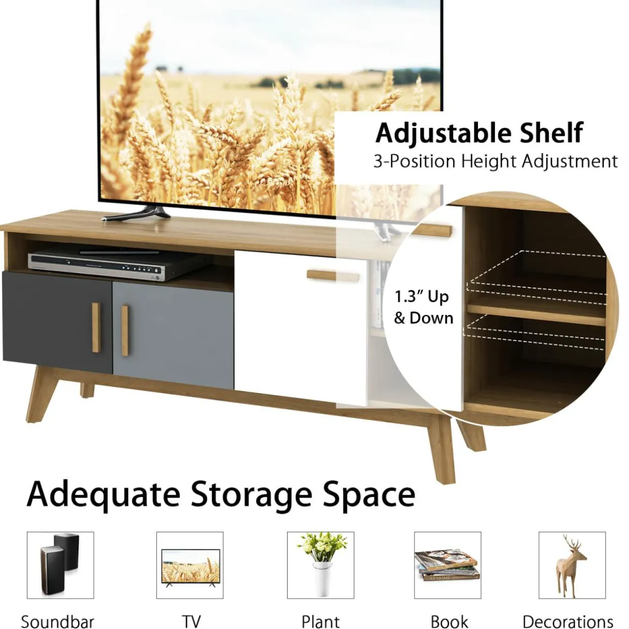 Tangkula Modern TV Stand, Wood TV Console Table for TVs up to 65 Inch, Entertainment Center with 3 Storage Cabinets (Natural)