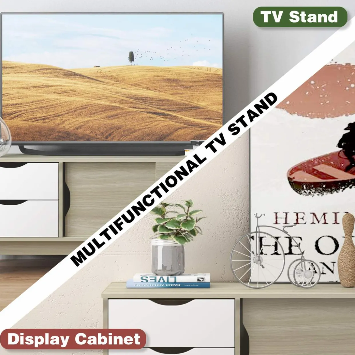 Tangkula Modern TV Stand for Flat TVs Up to 60 Inches, Wood TV Console Table w/ 2 Drawers & 2 Sliding Doors