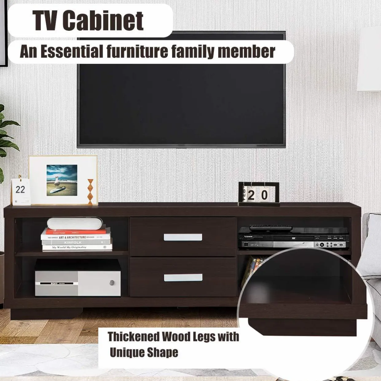 Tangkula Modern TV Stand, Wood Universal Stand for TV's up to 65" Flat Screen(Brown)