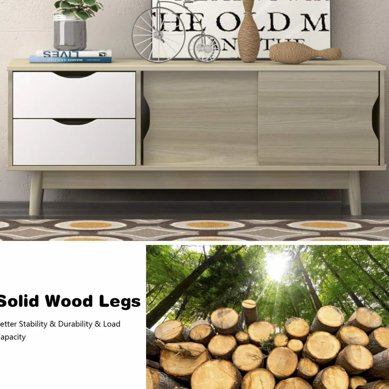 Tangkula Modern TV Stand for Flat TVs Up to 60 Inches, Wood TV Console Table w/ 2 Drawers & 2 Sliding Doors