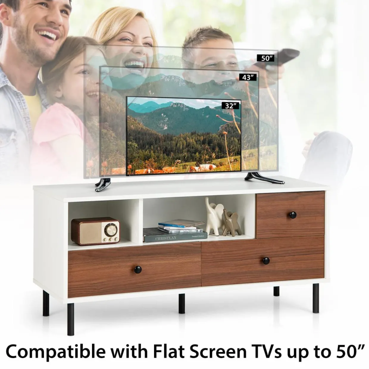 Tangkula Modern TV Stand for 50-inch TVs, Multifunctional Flat Screen Console Table with 2 Cubbies & 3 Large Drawers