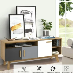 Tangkula Modern TV Stand, Wood TV Console Table for TVs up to 65 Inch, Entertainment Center with 3 Storage Cabinets (Natural)