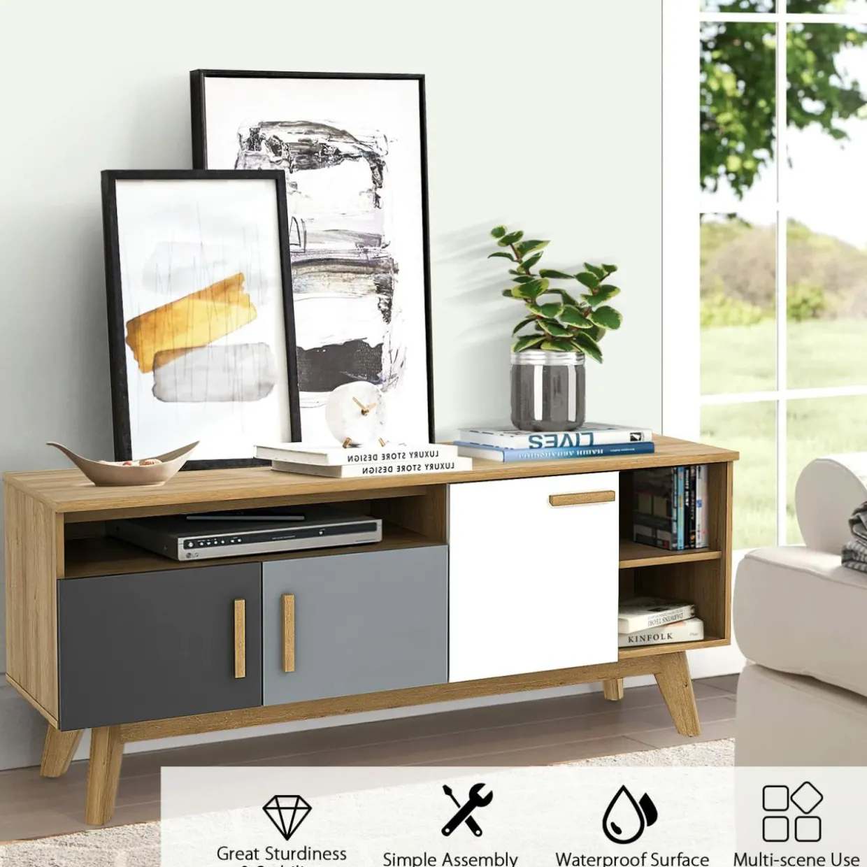 Tangkula Modern TV Stand, Wood TV Console Table for TVs up to 65 Inch, Entertainment Center with 3 Storage Cabinets (Natural)